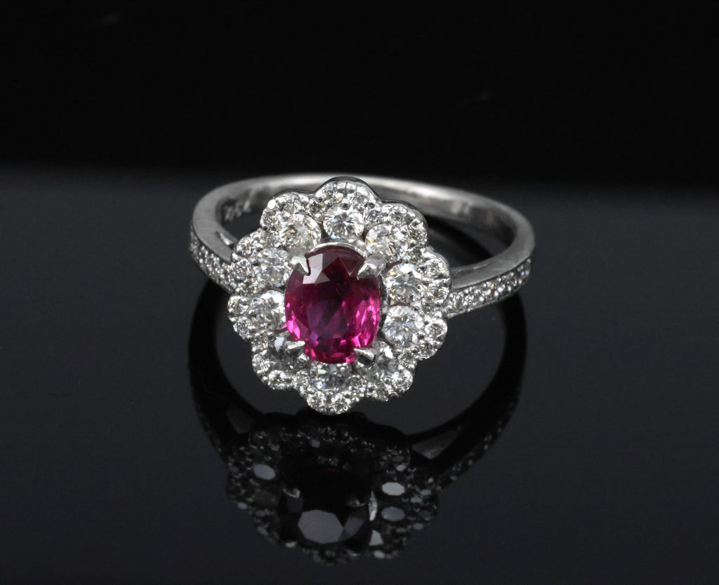 Fine 1.0ct GIA Mozambique No Heat Ruby & 0.64ct Diamond Platinum Ring Size 5.75