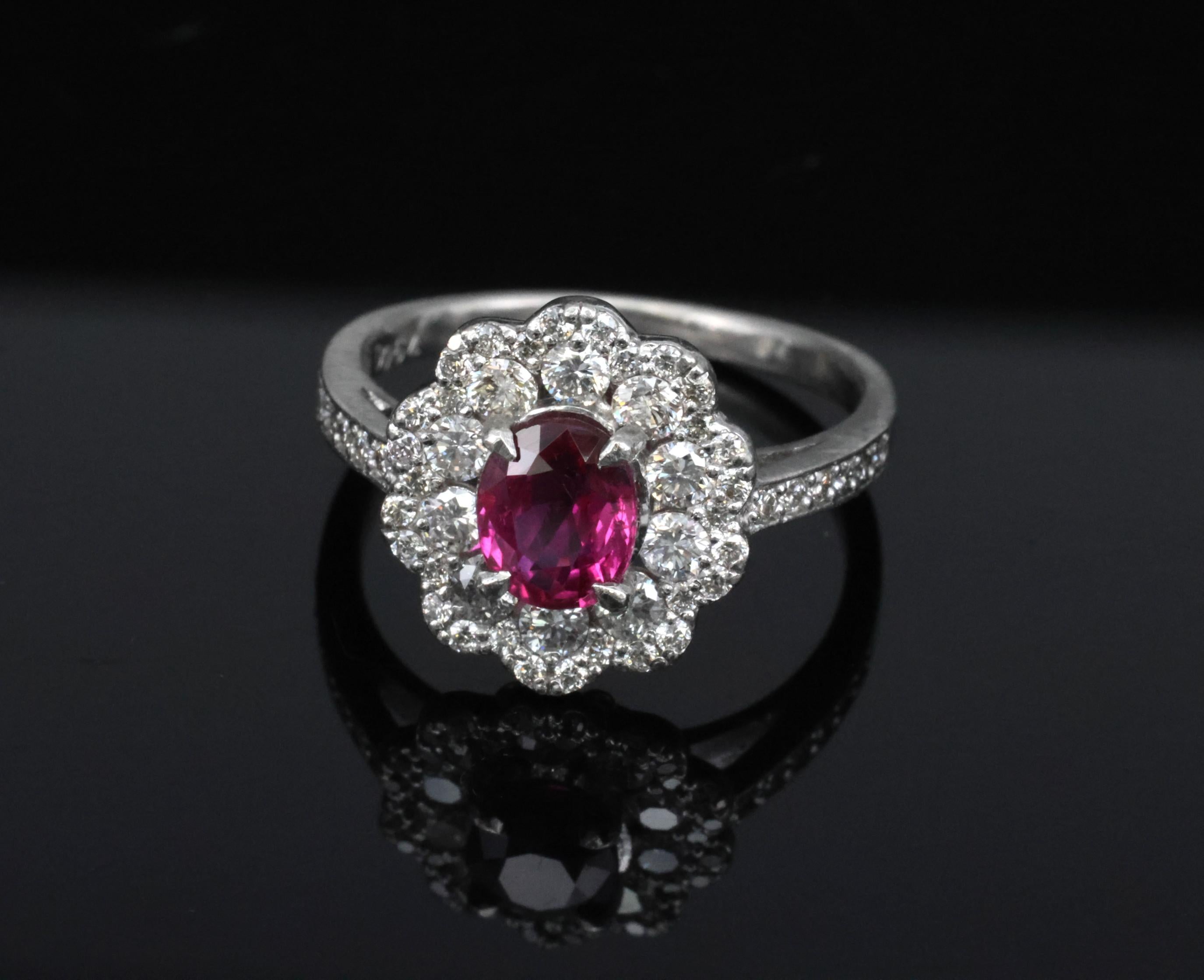 Fine 1.0ct GIA Mozambique No Heat Ruby & 0.64ct Diamond Platinum Ring Size 5.75