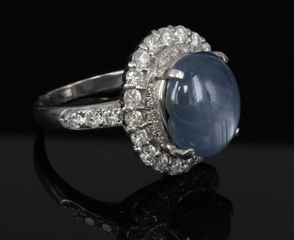 Vintage 11.12ct Natural Star Sapphire & 1.24ct Diamond Platinum Ring Size 7.5