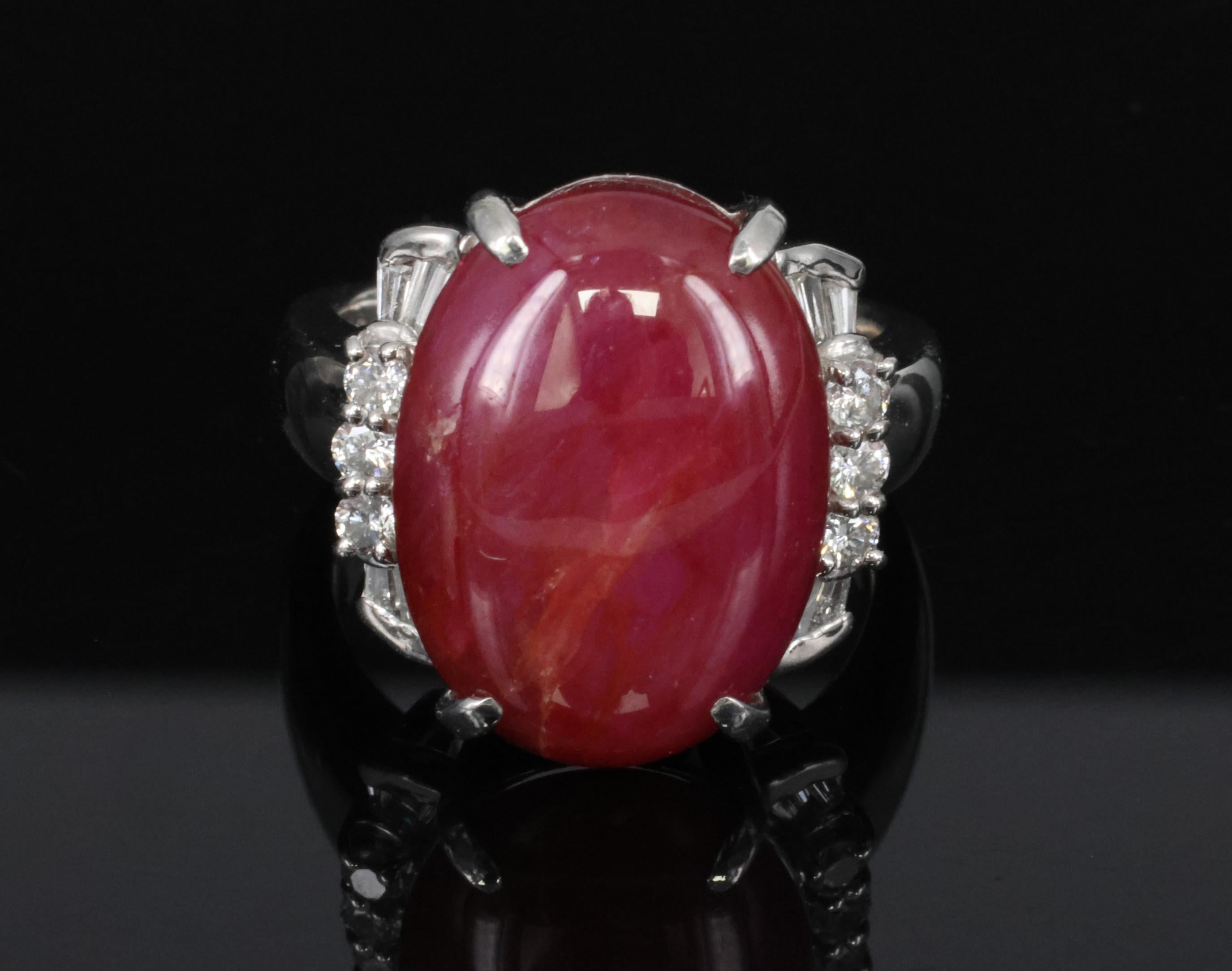 Vintage 22.06ct Natural Star Ruby & 0.58ct Diamond Platinum Ring Size 9.25