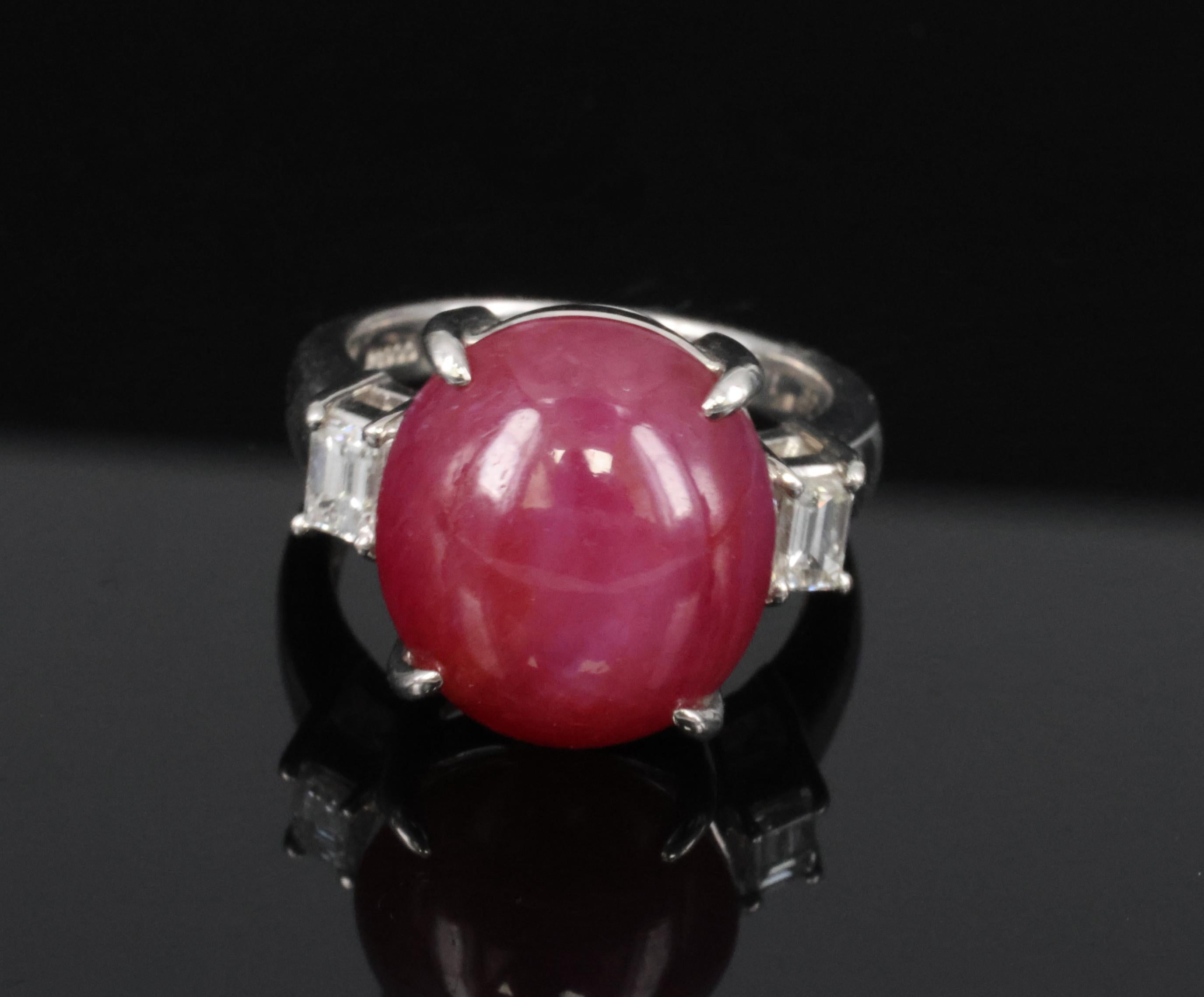 Rare!!! 14.26 Natural Double Star Ruby & 0.38ct Diamond Platinum Ring Size 5.75