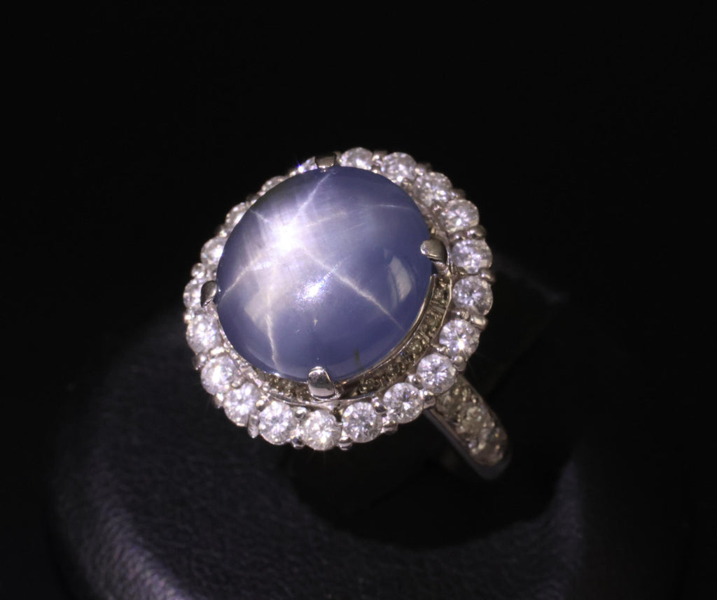Vintage 11.12ct Natural Star Sapphire & 1.24ct Diamond Platinum Ring Size 7.5