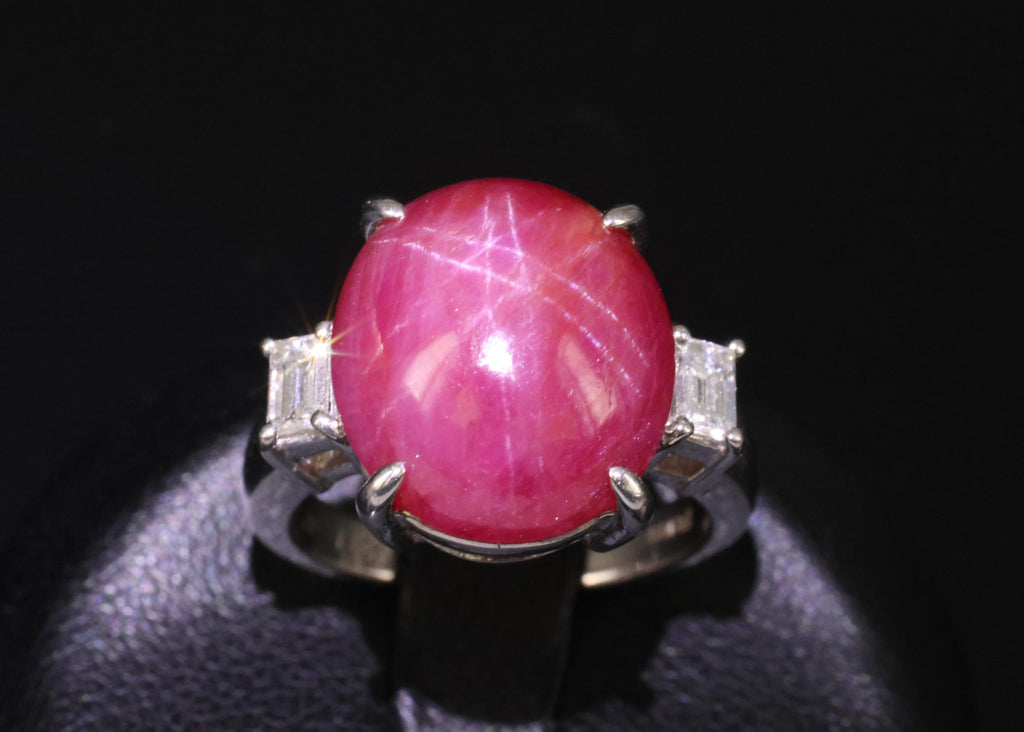 Rare!!! 14.26 Natural Double Star Ruby & 0.38ct Diamond Platinum Ring Size 5.75