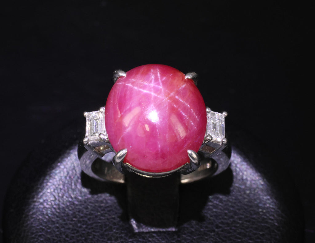 Rare!!! 14.26 Natural Double Star Ruby & 0.38ct Diamond Platinum Ring Size 5.75