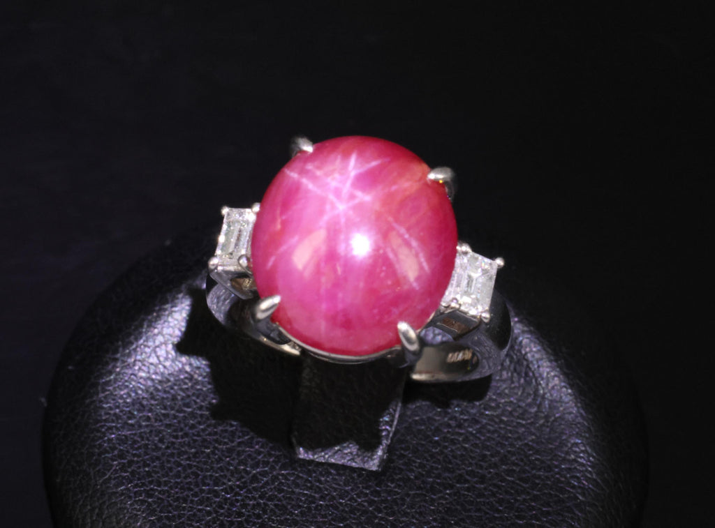 Rare!!! 14.26 Natural Double Star Ruby & 0.38ct Diamond Platinum Ring Size 5.75