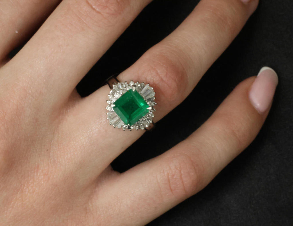 Vintage 2.29ct Natural Colombian Emerald & 0.69ct Diamond Platinum Ring, Size 6