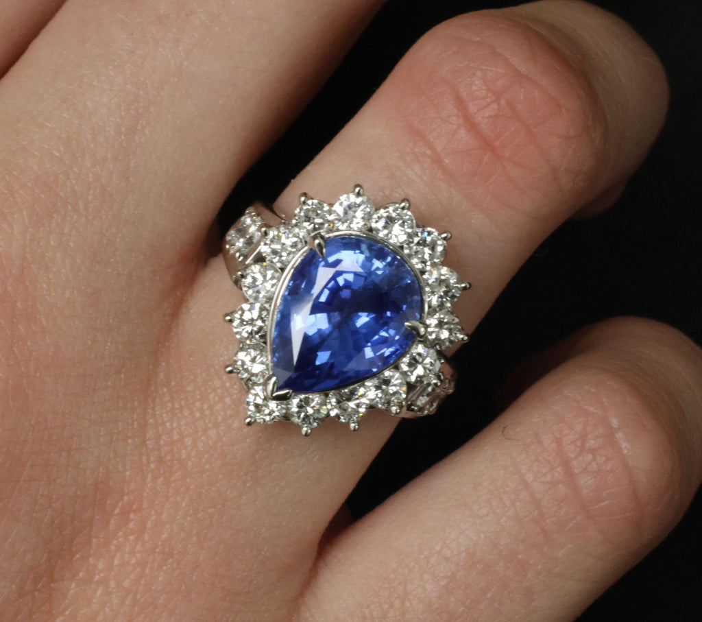 5.67ct Pear Shape GIA Ceylon Sapphire & 2.31ct Diamond Platinum Ring Size 6.25