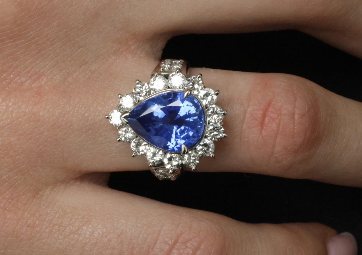 5.67ct Pear Shape GIA Ceylon Sapphire & 2.31ct Diamond Platinum Ring Size 6.25