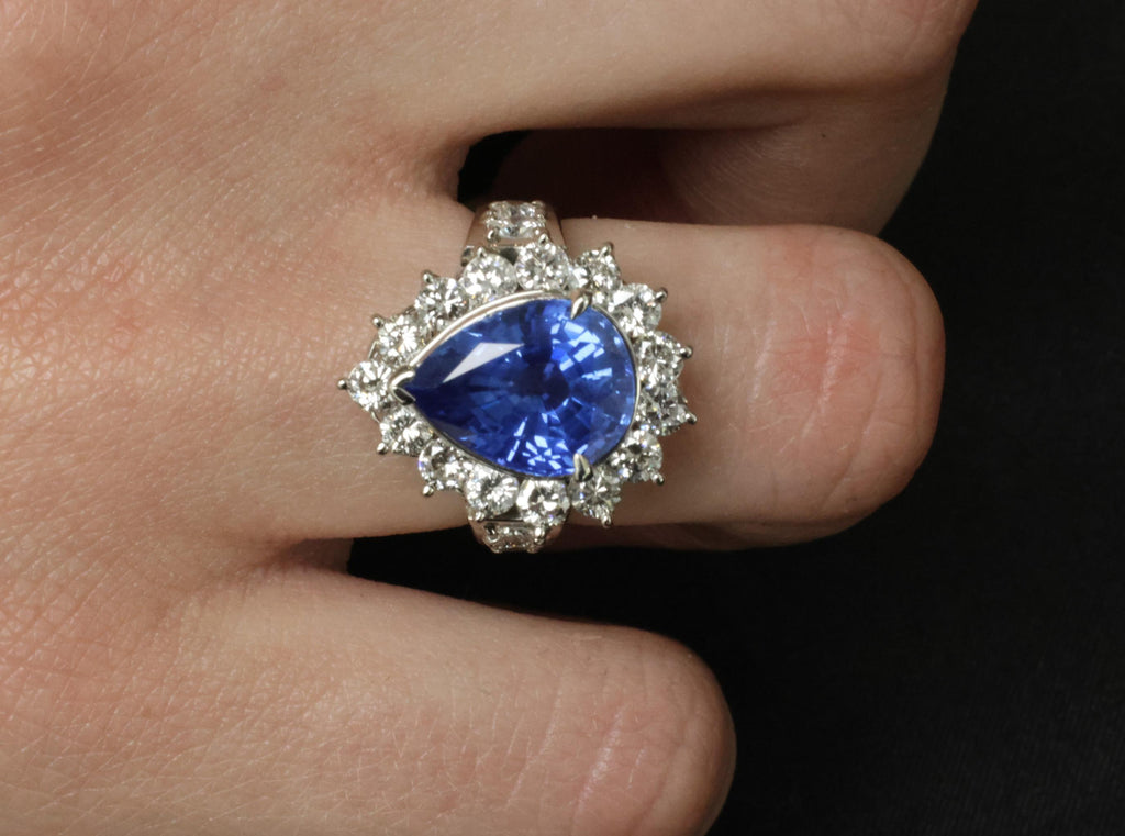 5.67ct Pear Shape GIA Ceylon Sapphire & 2.31ct Diamond Platinum Ring Size 6.25