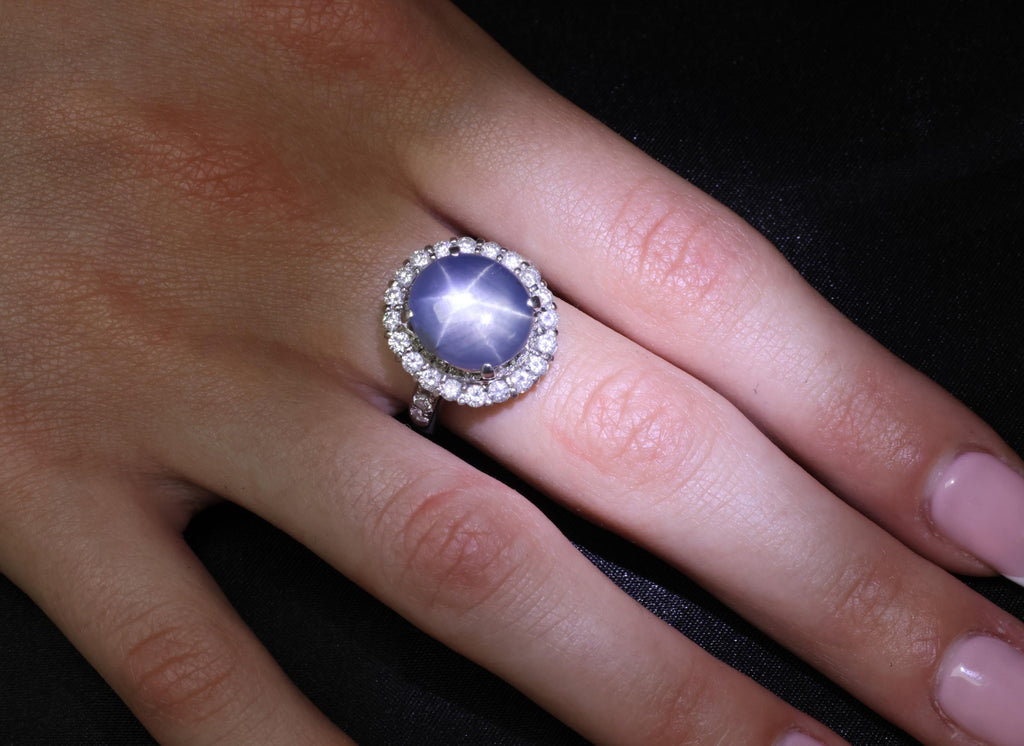 Vintage 11.12ct Natural Star Sapphire & 1.24ct Diamond Platinum Ring Size 7.5