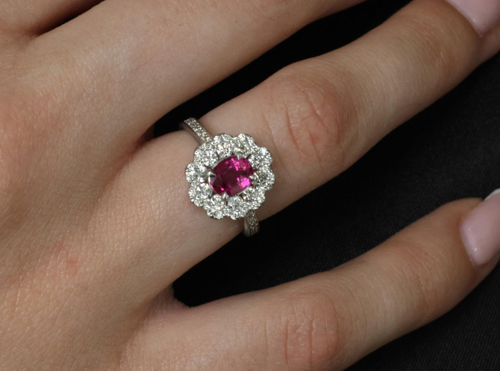 Fine 1.0ct GIA Mozambique No Heat Ruby & 0.64ct Diamond Platinum Ring Size 5.75
