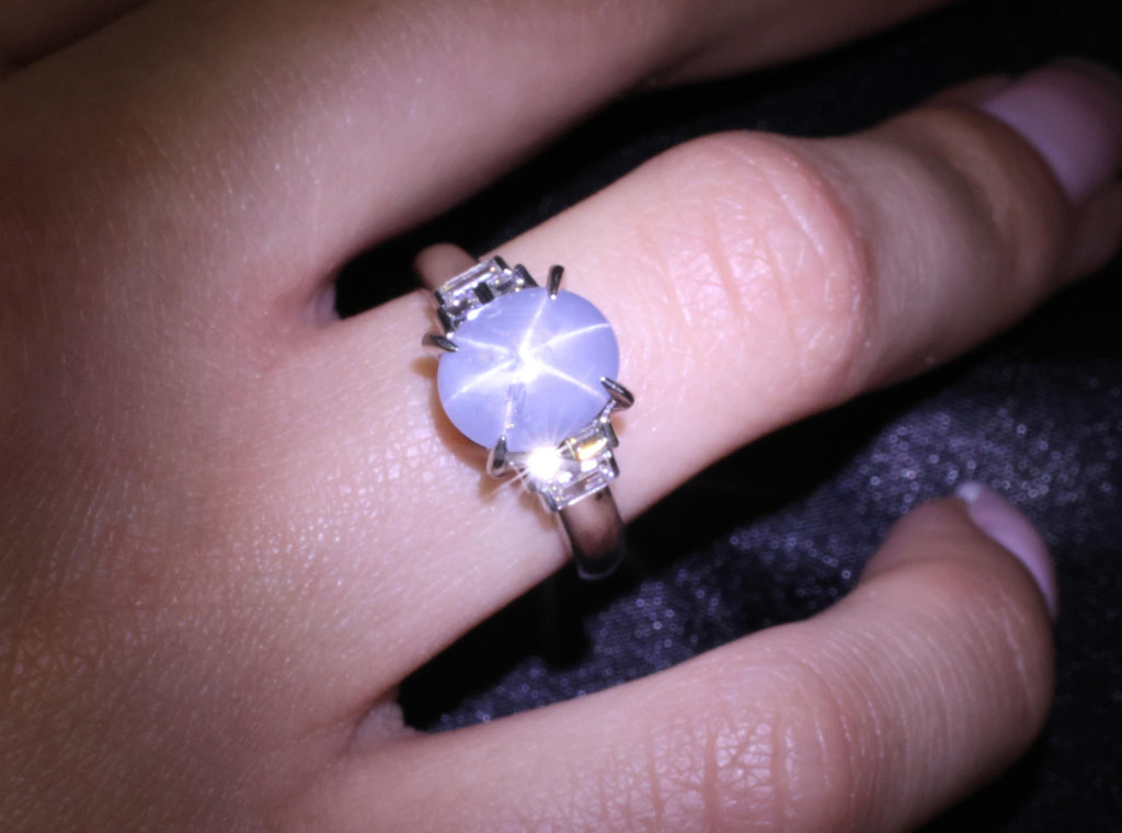 Fine 4.87ct Natural Blue Star Sapphire & 0.32ct Diamond Platinum Ring, Size 6.5