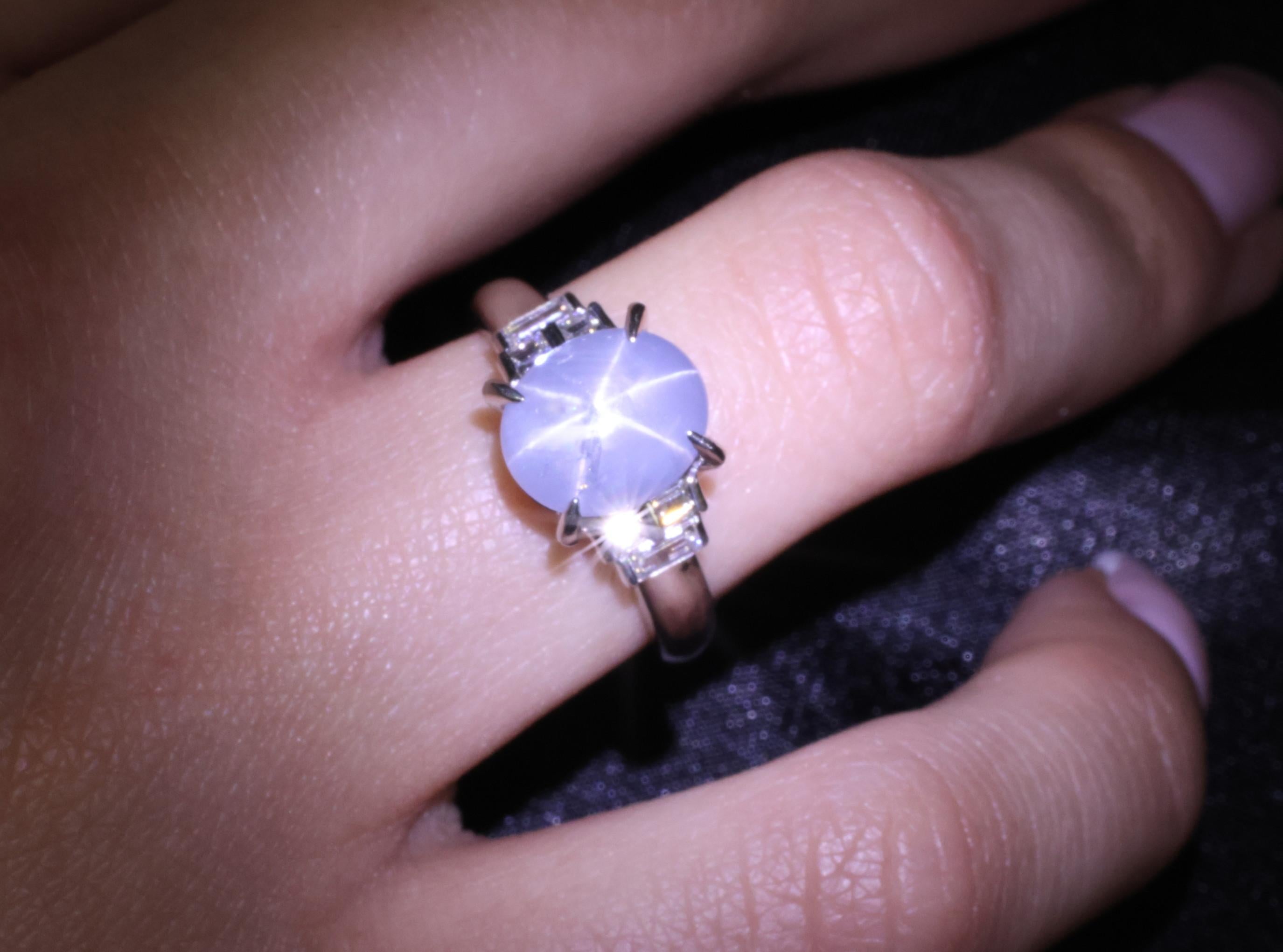 Fine 4.87ct Natural Blue Star Sapphire & 0.32ct Diamond Platinum Ring, Size 6.5