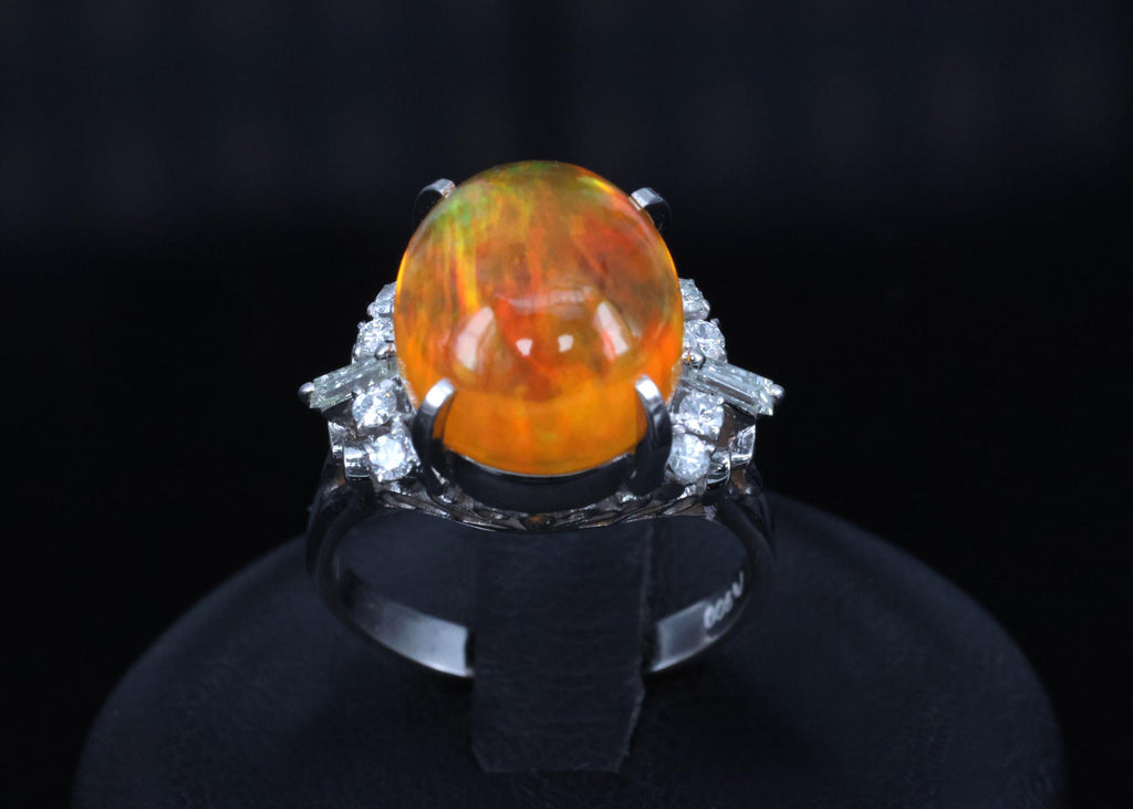 Fine 5.62ct Natural Mexican Fire Opal & 0.31ct Diamond Platinum Ring, Size 6.25
