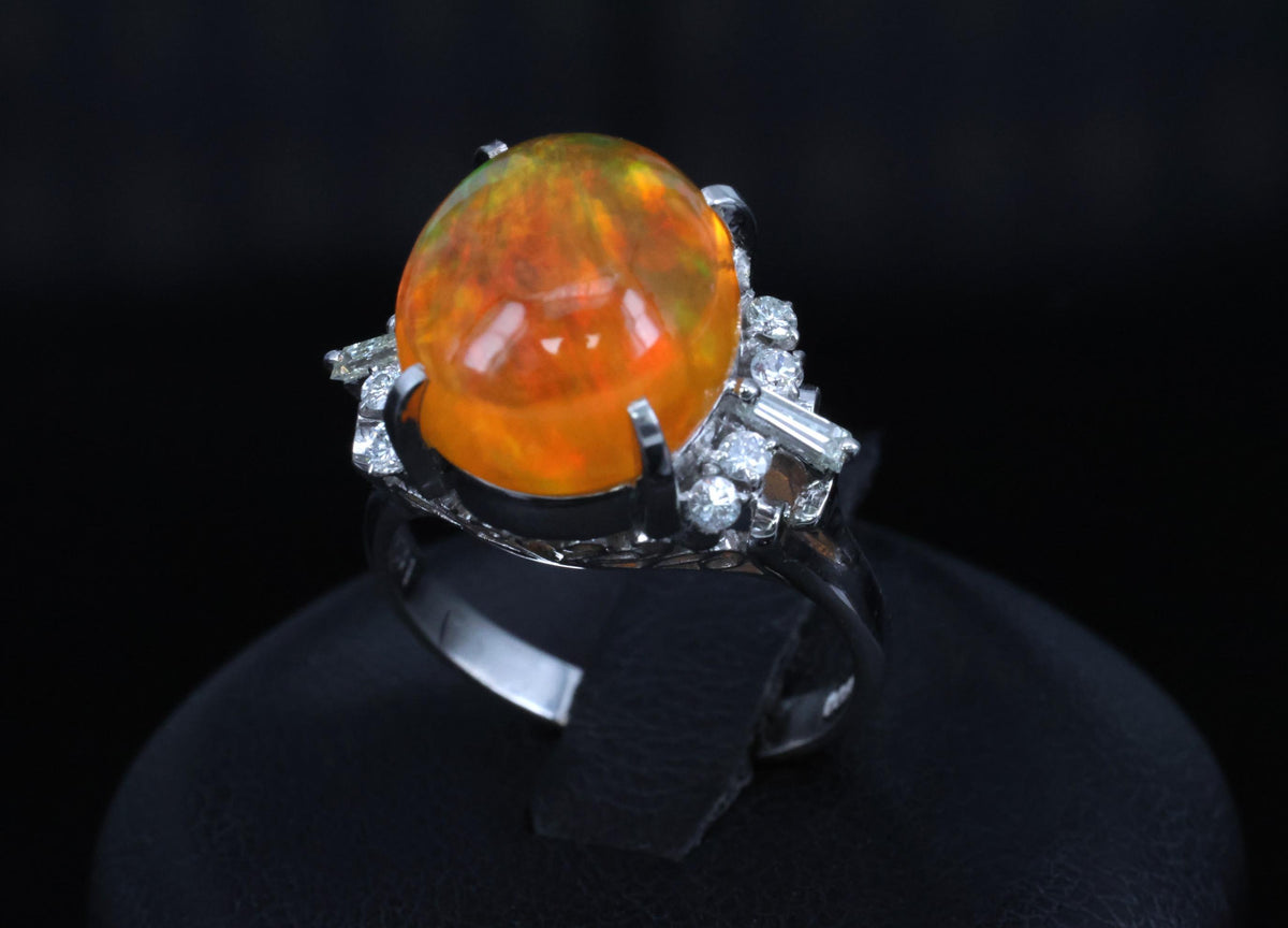 Fine 5.62ct Natural Mexican Fire Opal & 0.31ct Diamond Platinum Ring, Size 6.25