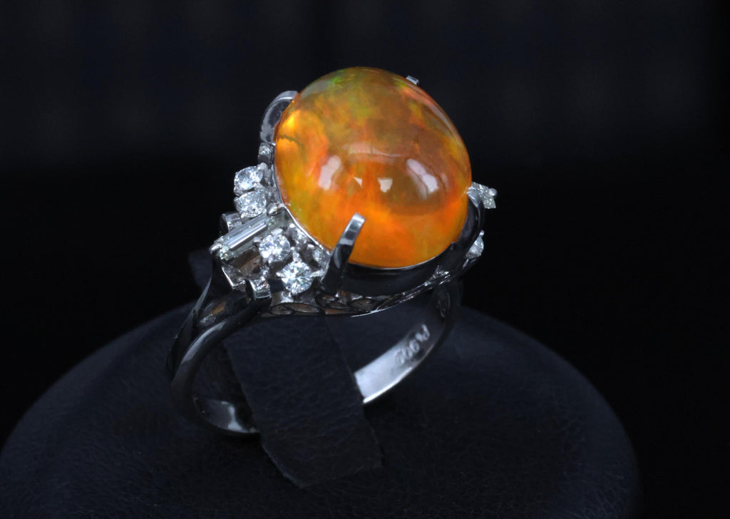 Fine 5.62ct Natural Mexican Fire Opal & 0.31ct Diamond Platinum Ring, Size 6.25
