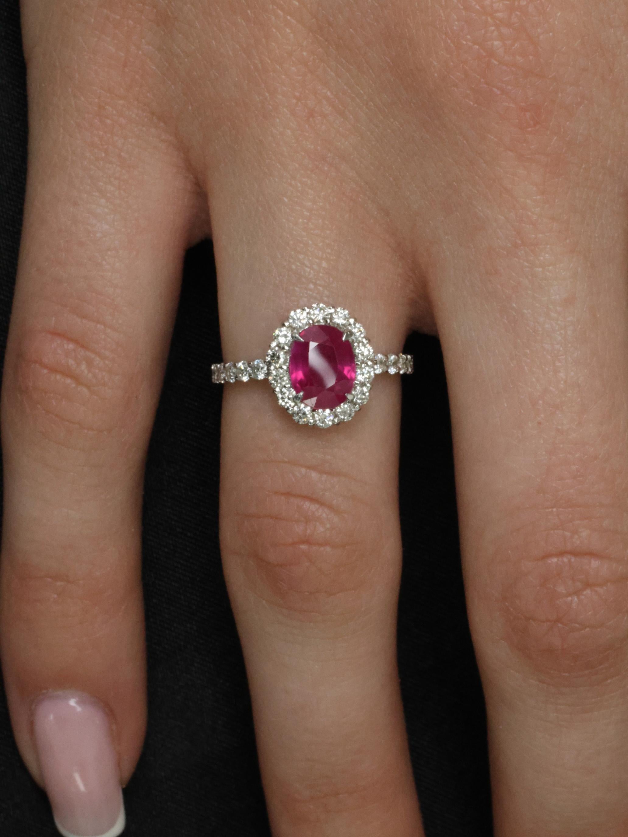 Fine 1.47ct GIA Mozambique Vivid Red Ruby & 0.61ct Diamond Platinum Ring Size 6