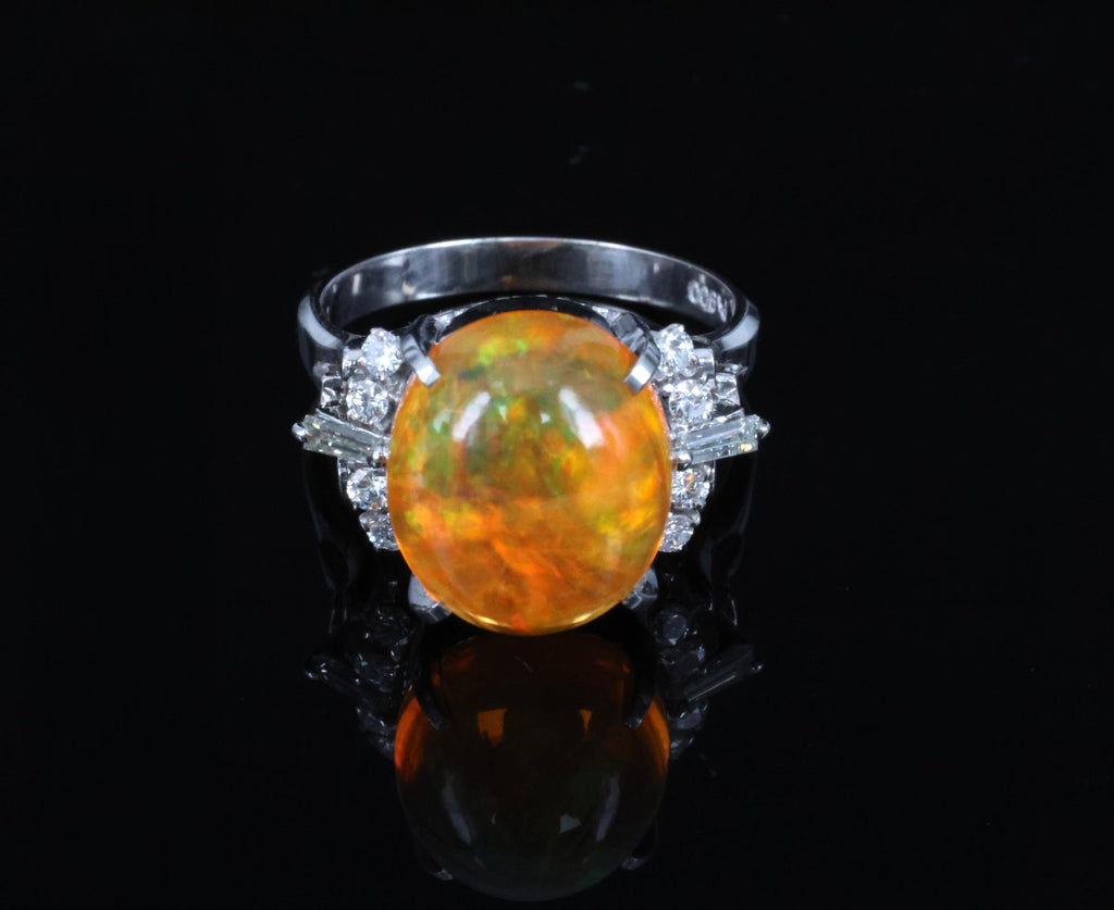 Fine 5.62ct Natural Mexican Fire Opal & 0.31ct Diamond Platinum Ring, Size 6.25