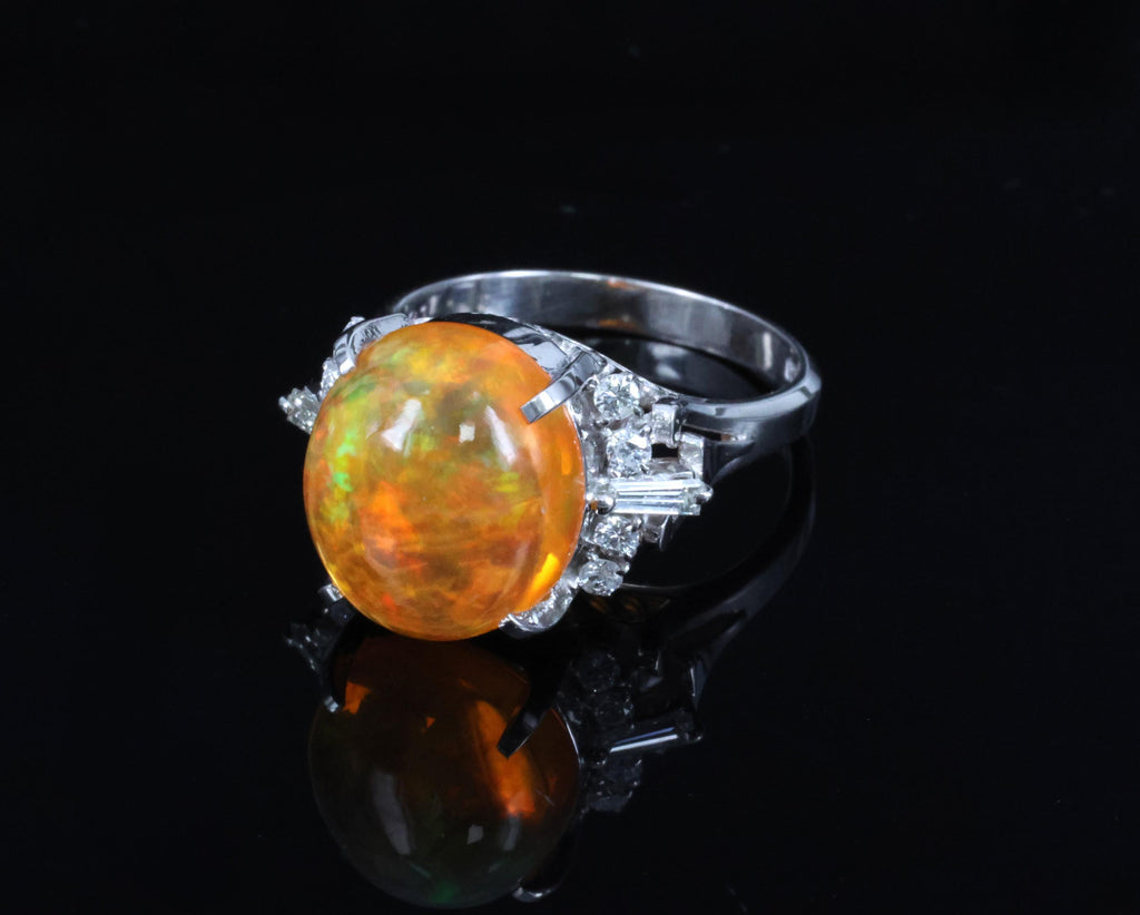 Fine 5.62ct Natural Mexican Fire Opal & 0.31ct Diamond Platinum Ring, Size 6.25