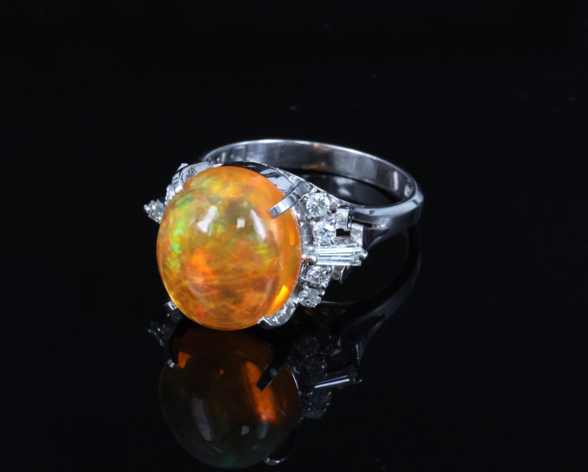 Fine 5.62ct Natural Mexican Fire Opal & 0.31ct Diamond Platinum Ring, Size 6.25