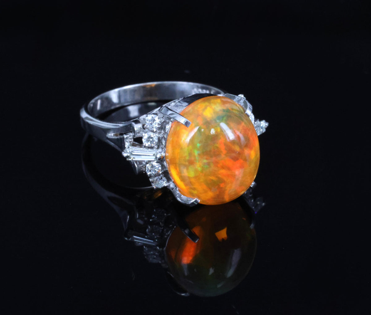 Fine 5.62ct Natural Mexican Fire Opal & 0.31ct Diamond Platinum Ring, Size 6.25