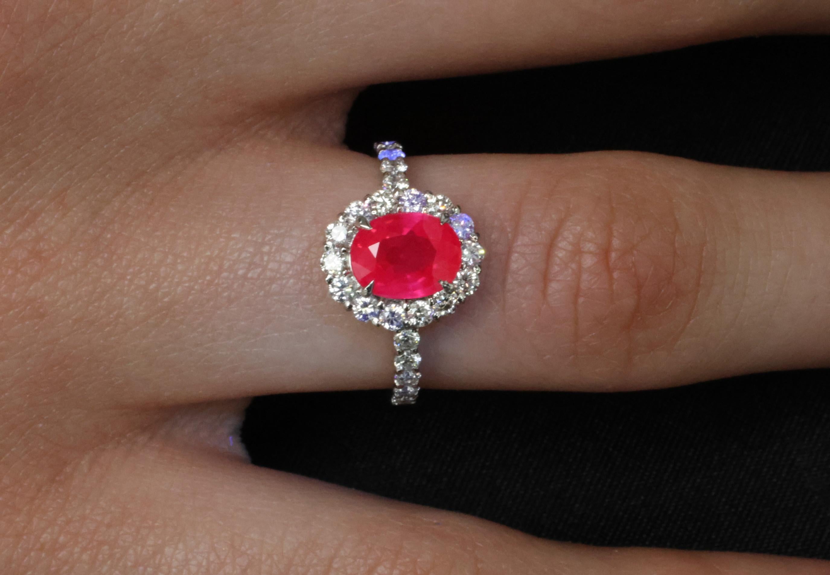 Fine 1.47ct GIA Mozambique Vivid Red Ruby & 0.61ct Diamond Platinum Ring Size 6