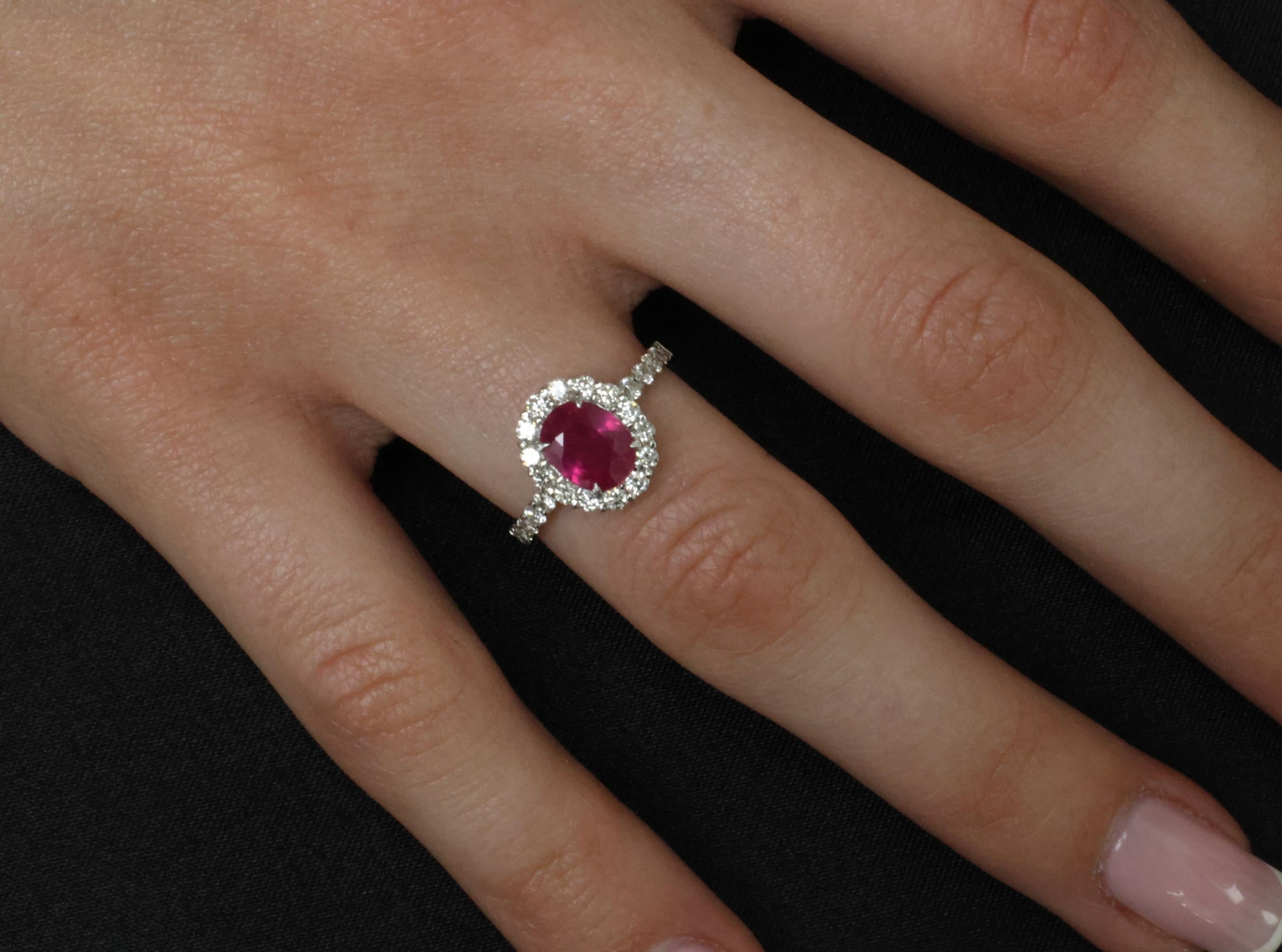 Fine 1.47ct GIA Mozambique Vivid Red Ruby & 0.61ct Diamond Platinum Ring Size 6