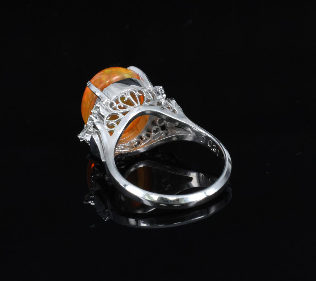 Fine 5.62ct Natural Mexican Fire Opal & 0.31ct Diamond Platinum Ring, Size 6.25