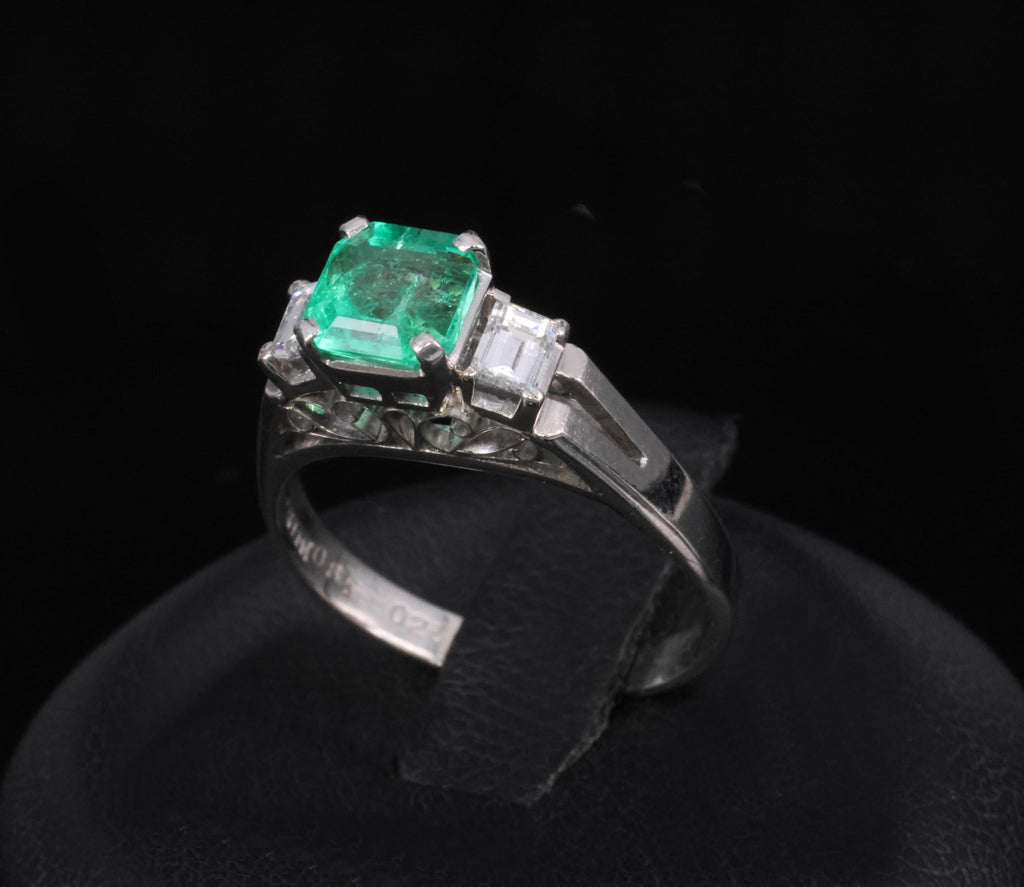 Estate 0.85ct Natural Colombian Emerald 0.26ct Diamond Platinum Ring, Size 6.25