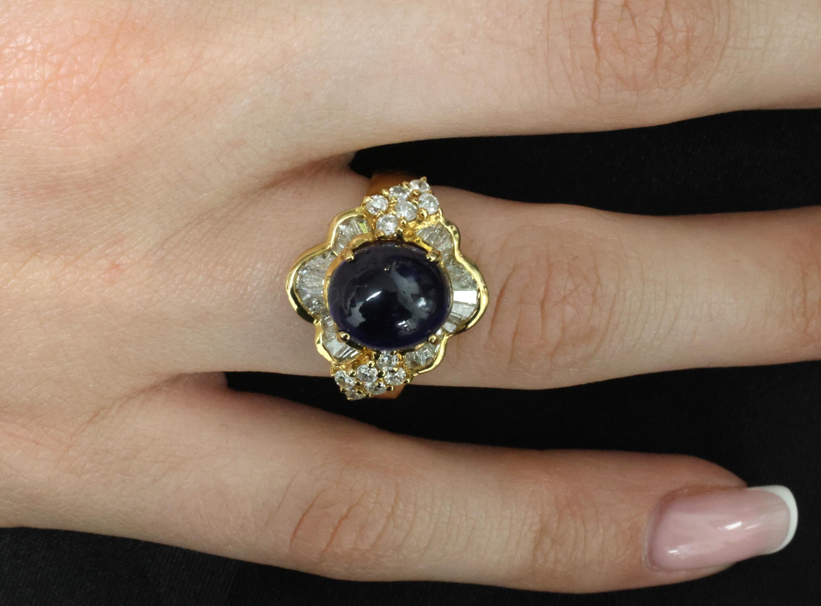 Vintage 8.37ct Deep Blue Sapphire & 1.10ct Diamond 18K Yellow Gold Ring Size 5