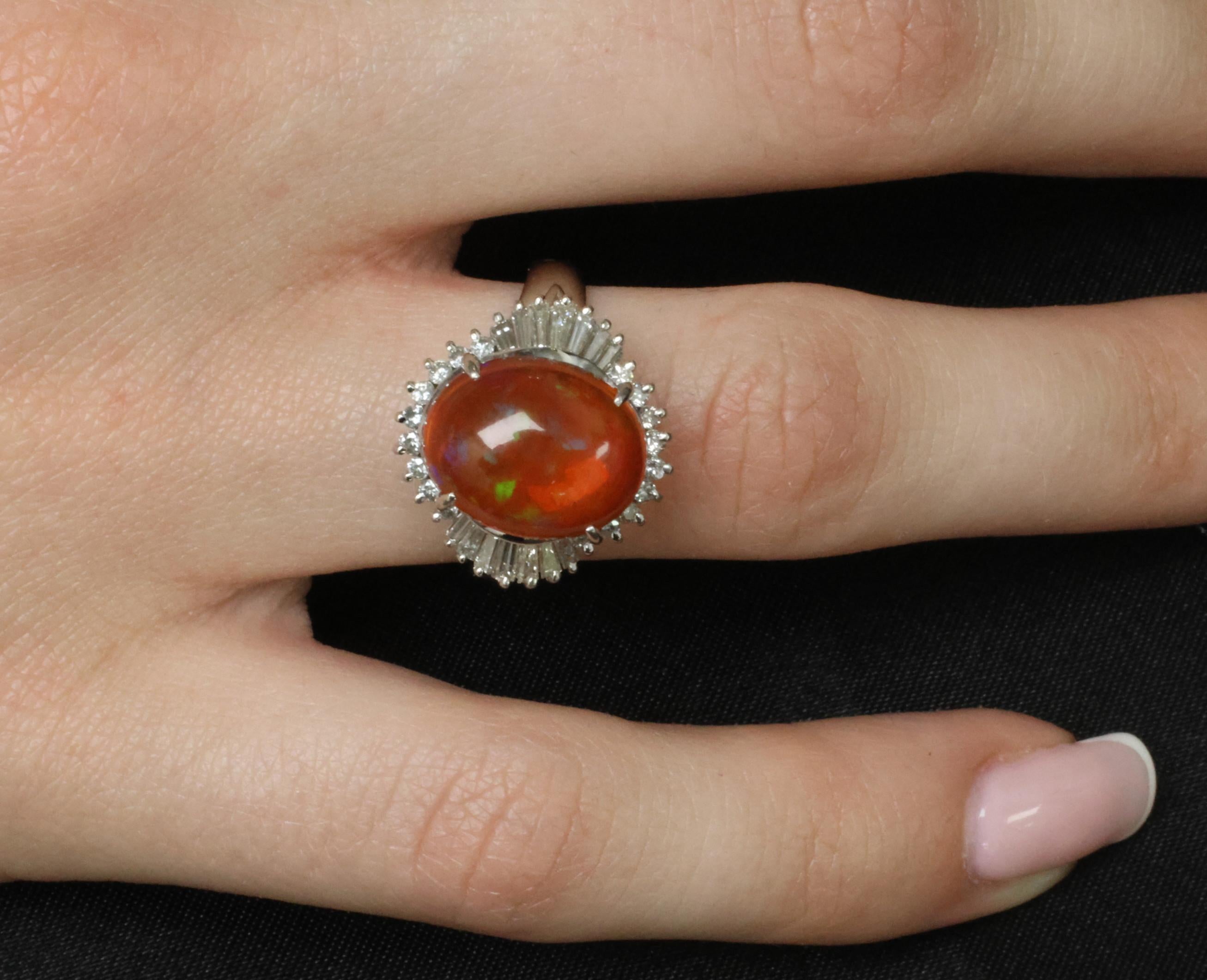 Fine 4.56ct Natural Mexican Fire Opal & 0.59ct Diamond Platinum Ring, Size 8