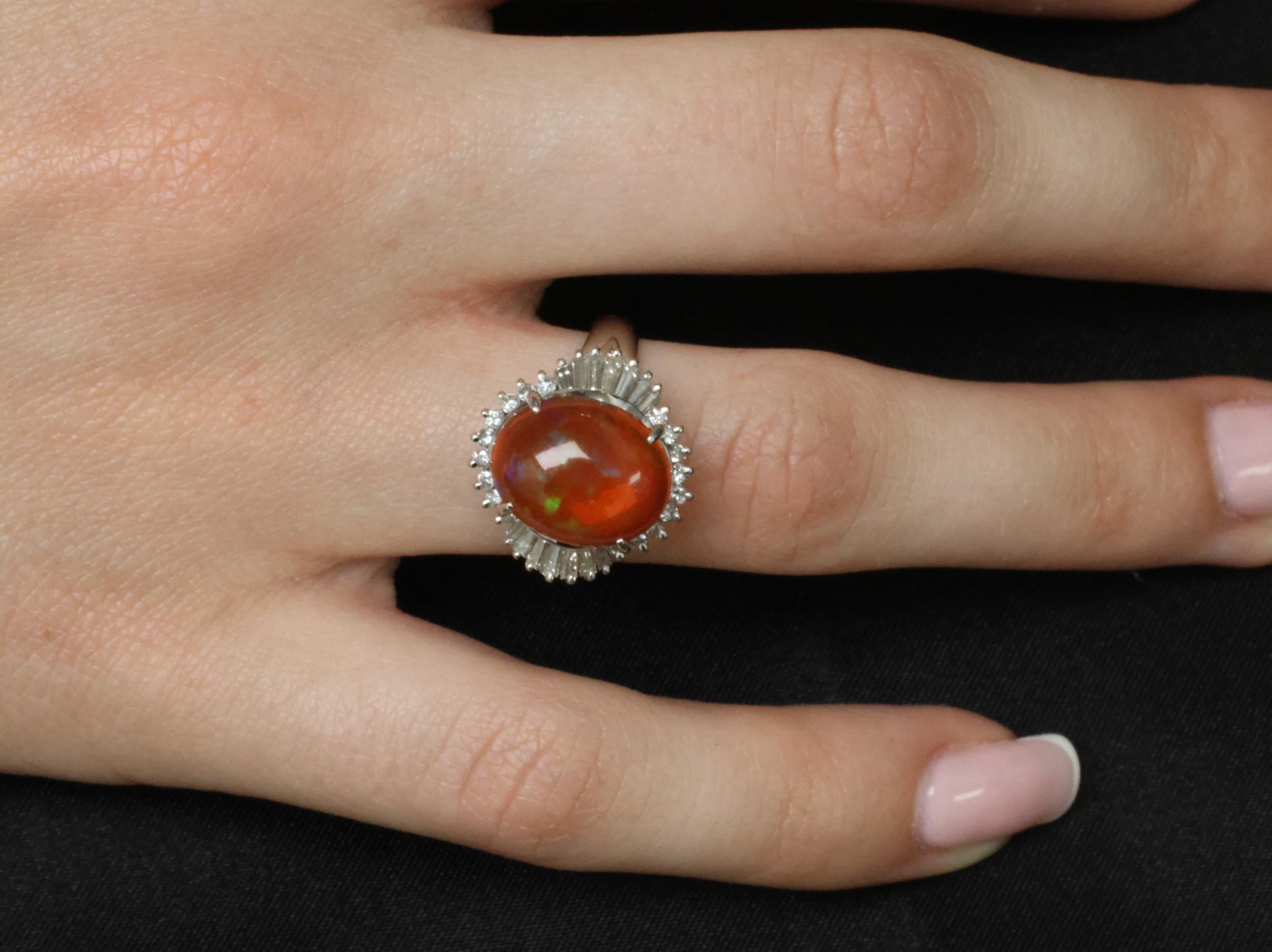 Fine 4.56ct Natural Mexican Fire Opal & 0.59ct Diamond Platinum Ring, Size 8