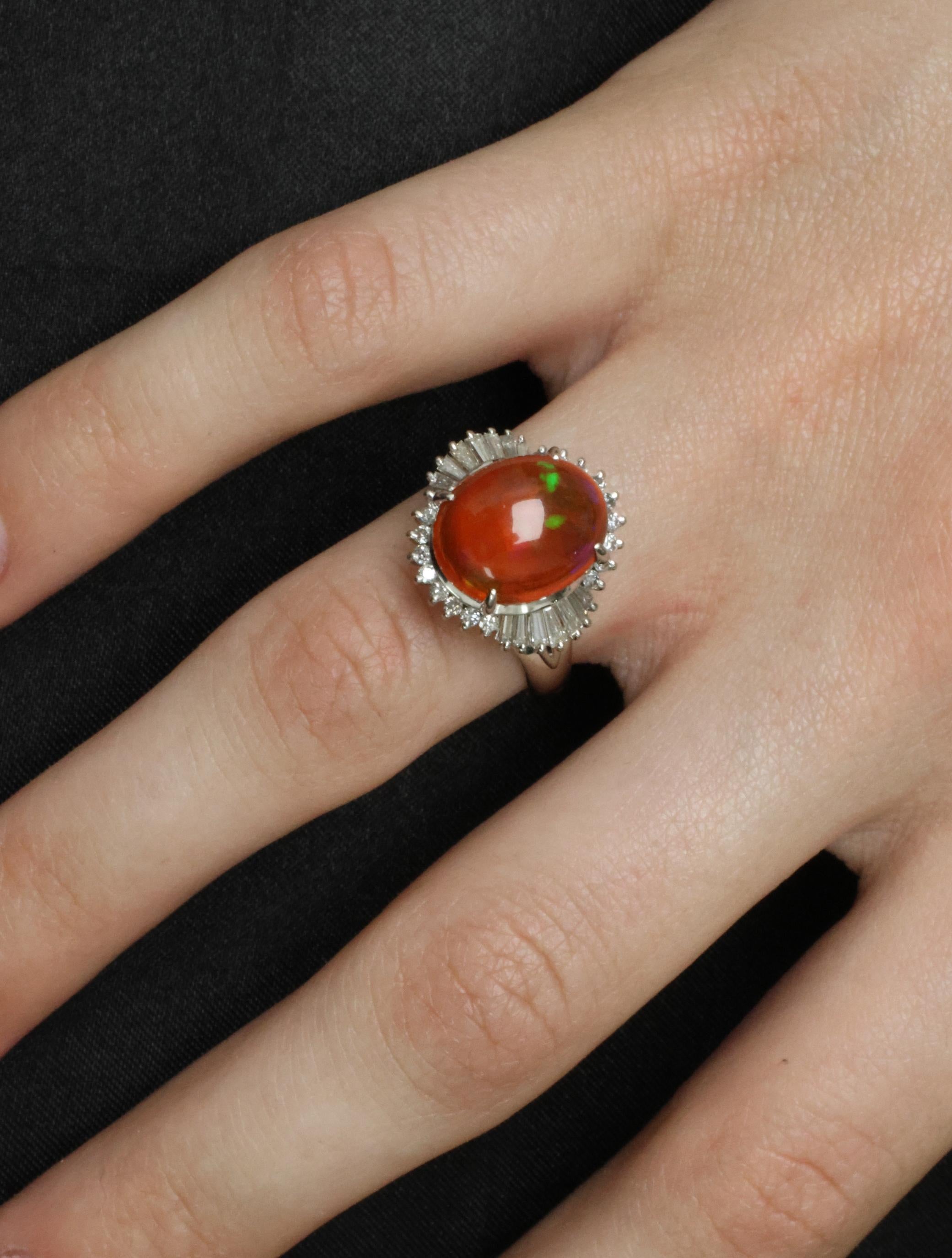 Fine 4.56ct Natural Mexican Fire Opal & 0.59ct Diamond Platinum Ring, Size 8