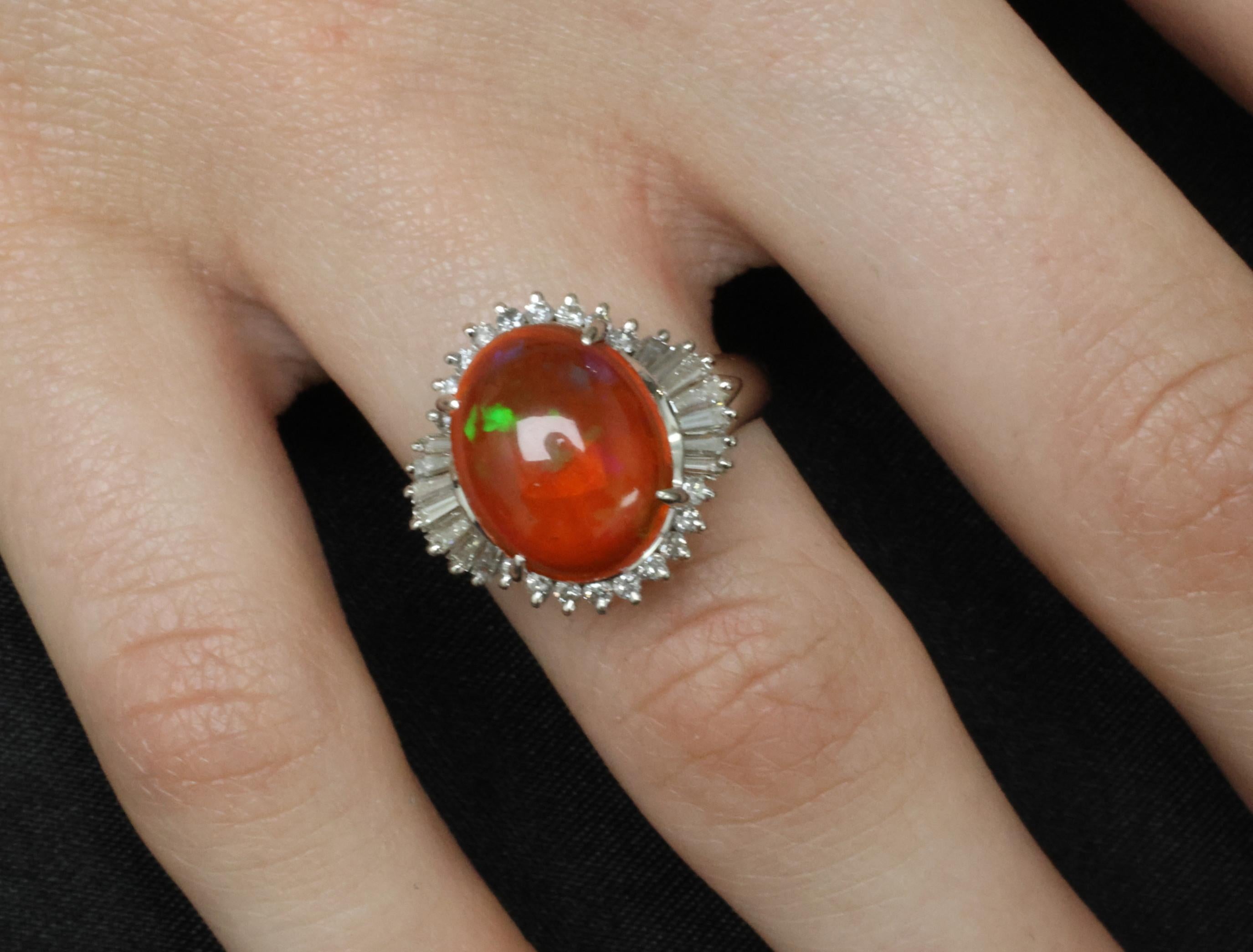 Fine 4.56ct Natural Mexican Fire Opal & 0.59ct Diamond Platinum Ring, Size 8