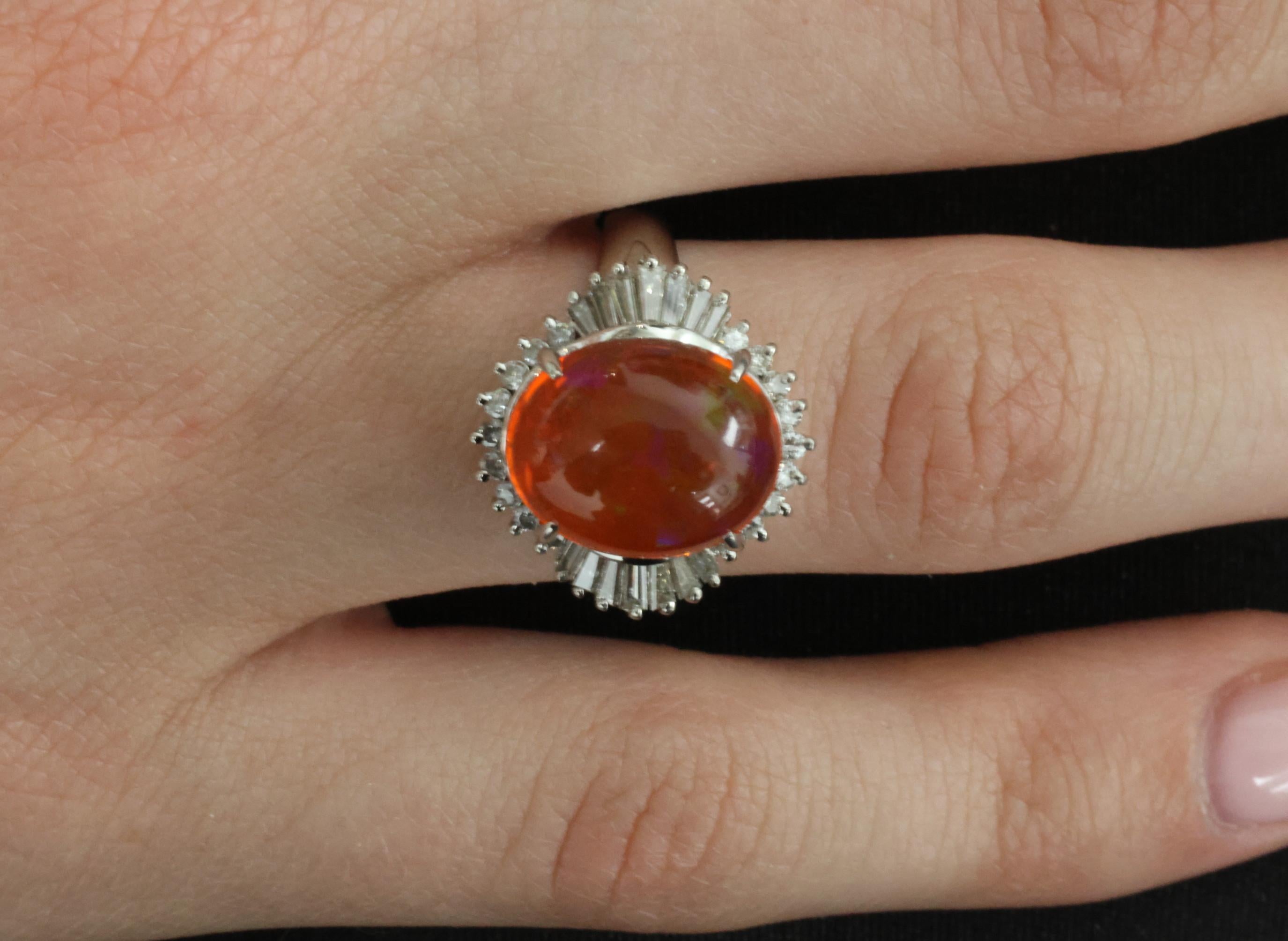 Fine 4.56ct Natural Mexican Fire Opal & 0.59ct Diamond Platinum Ring, Size 8
