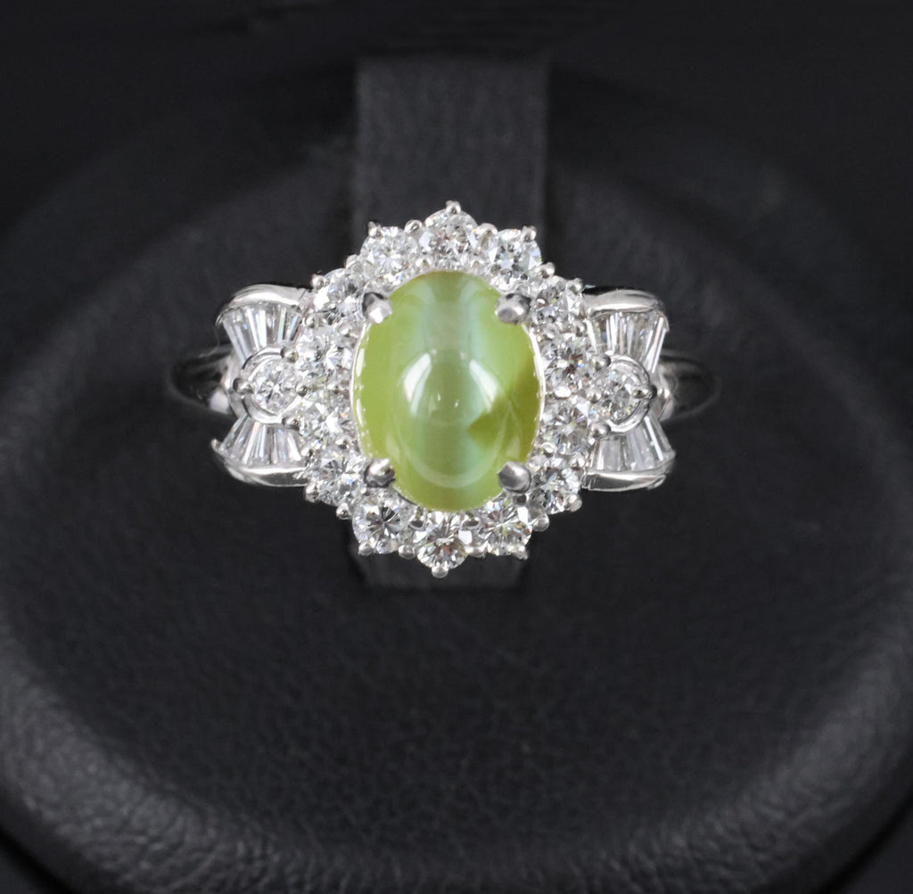 Fine 2.98ct Natural Chrysoberyl Cat's Eye & 0.63ct Diamond Platinum Ring, Size 6