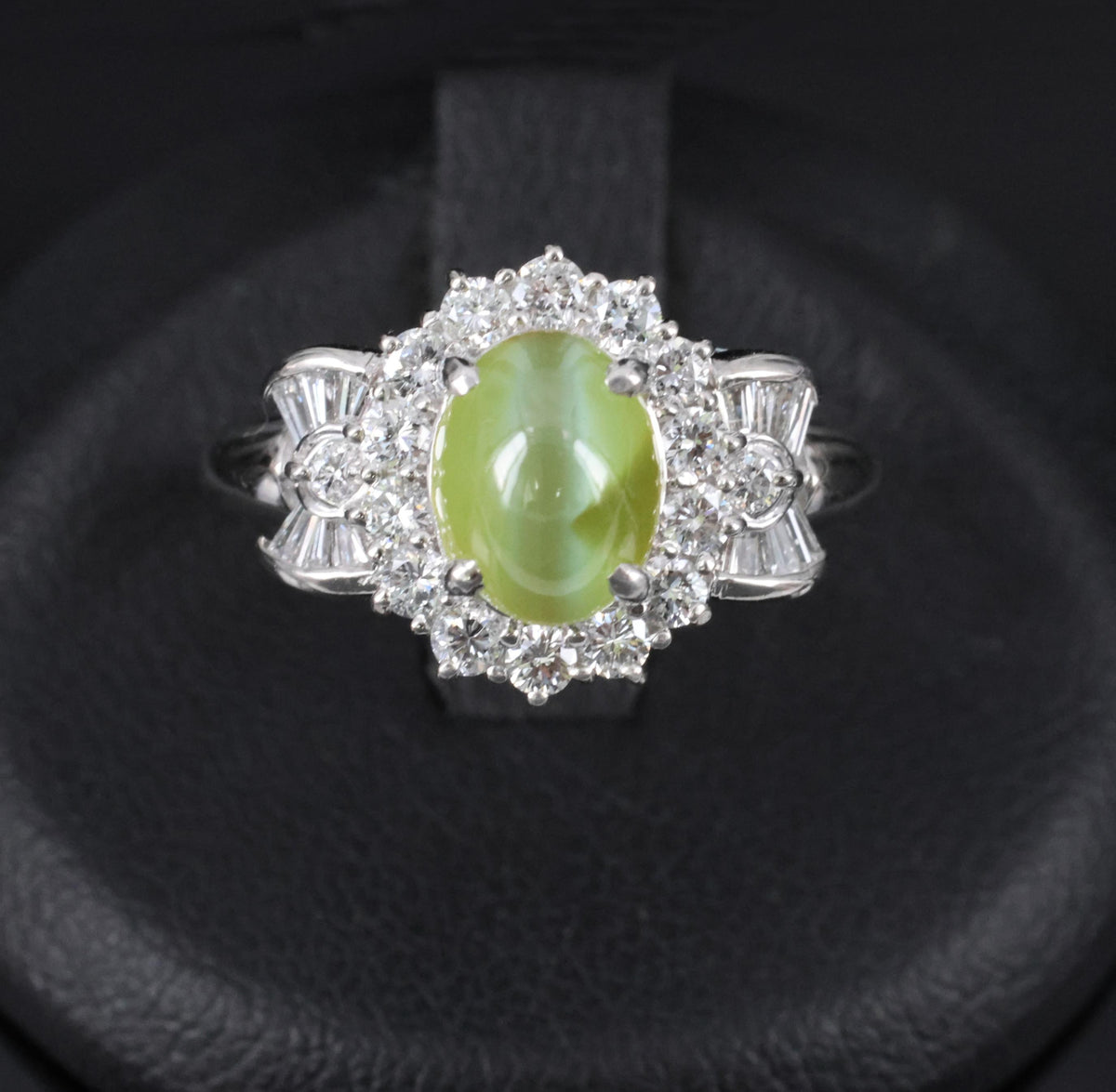 Fine 2.98ct Natural Chrysoberyl Cat's Eye & 0.63ct Diamond Platinum Ring, Size 6