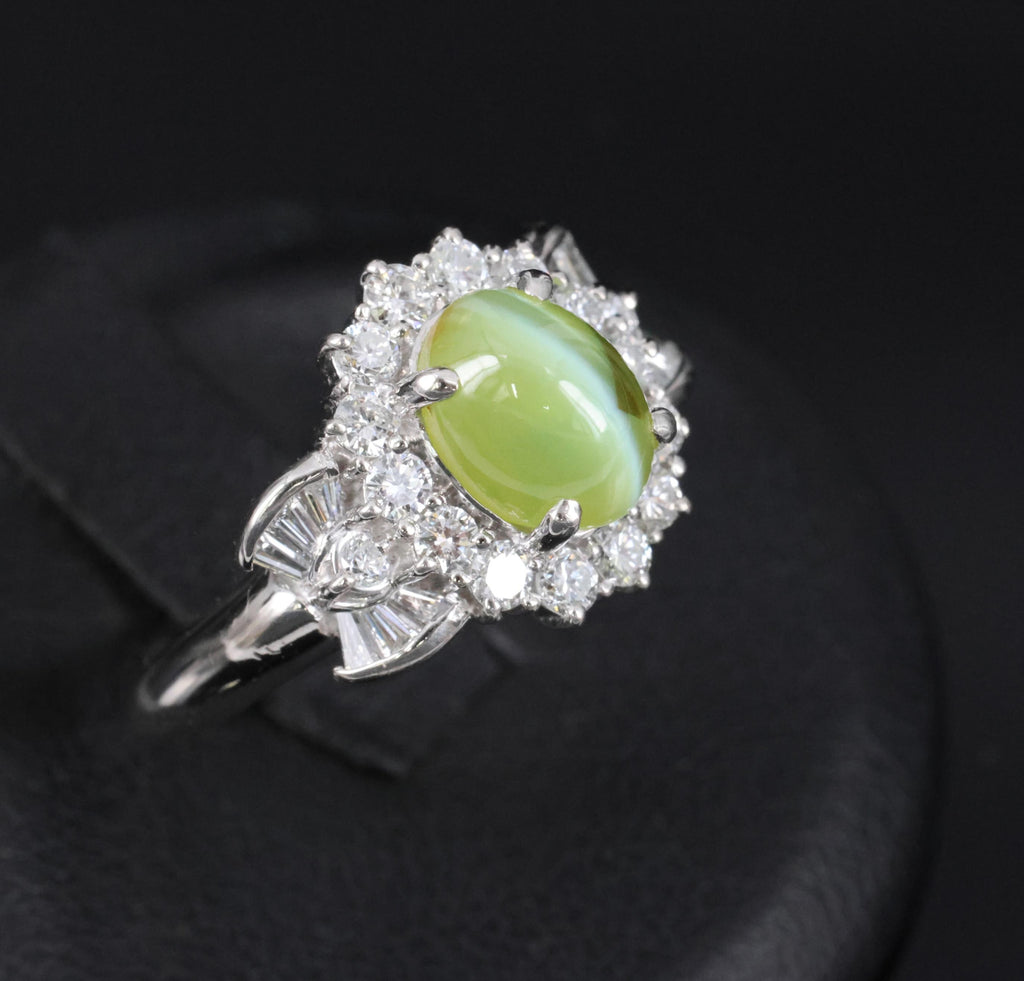 Fine 2.98ct Natural Chrysoberyl Cat's Eye & 0.63ct Diamond Platinum Ring, Size 6