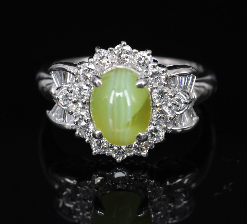 Fine 2.98ct Natural Chrysoberyl Cat's Eye & 0.63ct Diamond Platinum Ring, Size 6