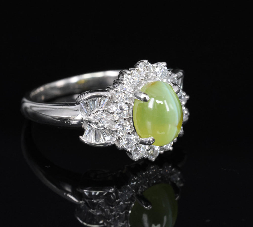 Fine 2.98ct Natural Chrysoberyl Cat's Eye & 0.63ct Diamond Platinum Ring, Size 6