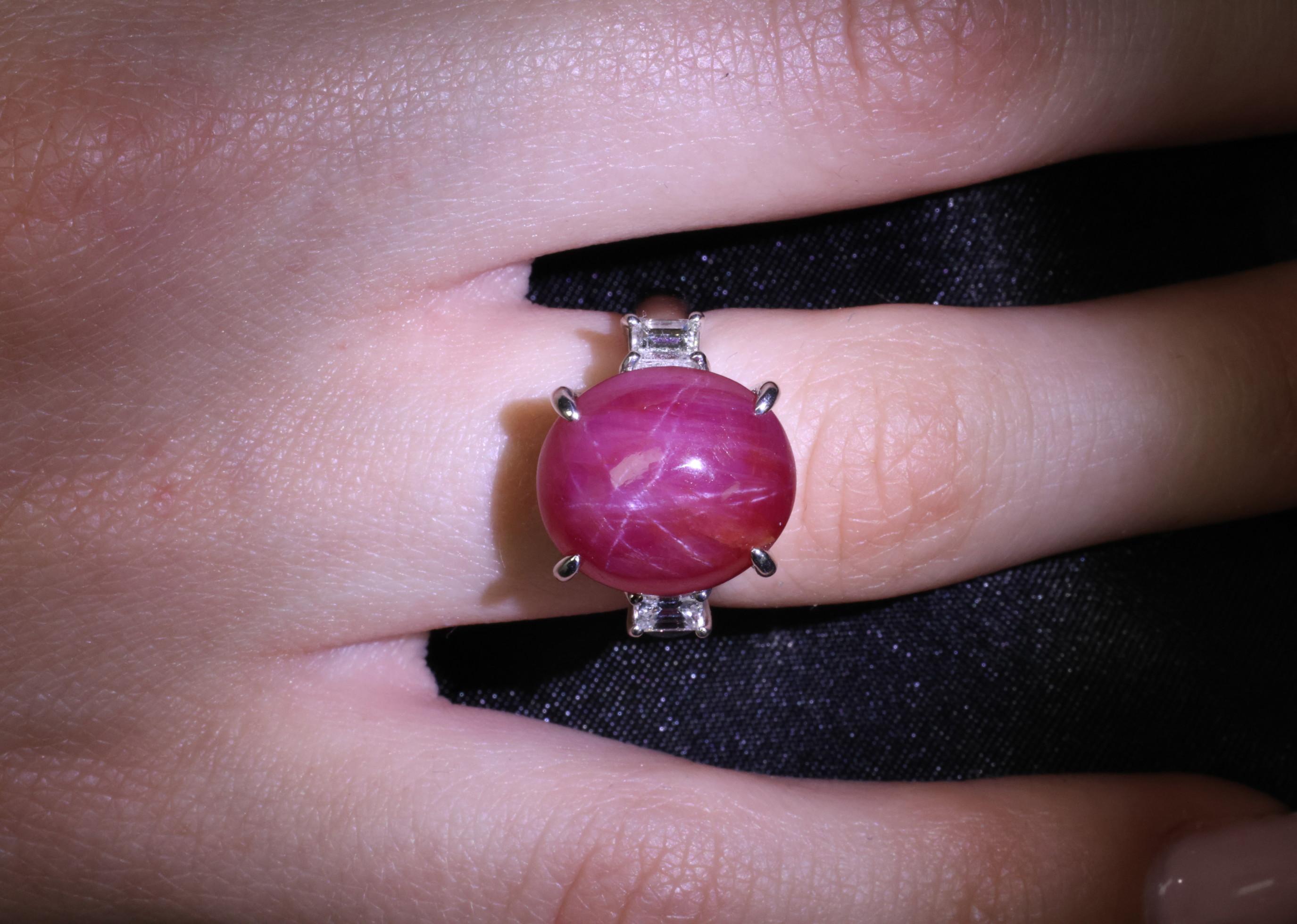 Rare!!! 14.26 Natural Double Star Ruby & 0.38ct Diamond Platinum Ring Size 5.75