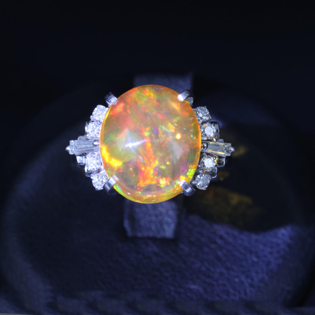 Fine 5.62ct Natural Mexican Fire Opal & 0.31ct Diamond Platinum Ring, Size 6.25