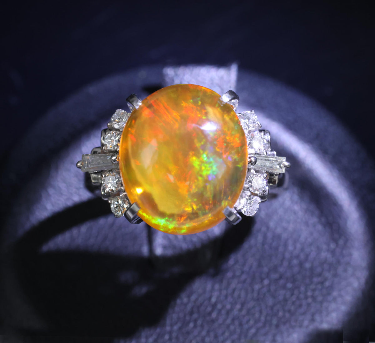 Fine 5.62ct Natural Mexican Fire Opal & 0.31ct Diamond Platinum Ring, Size 6.25