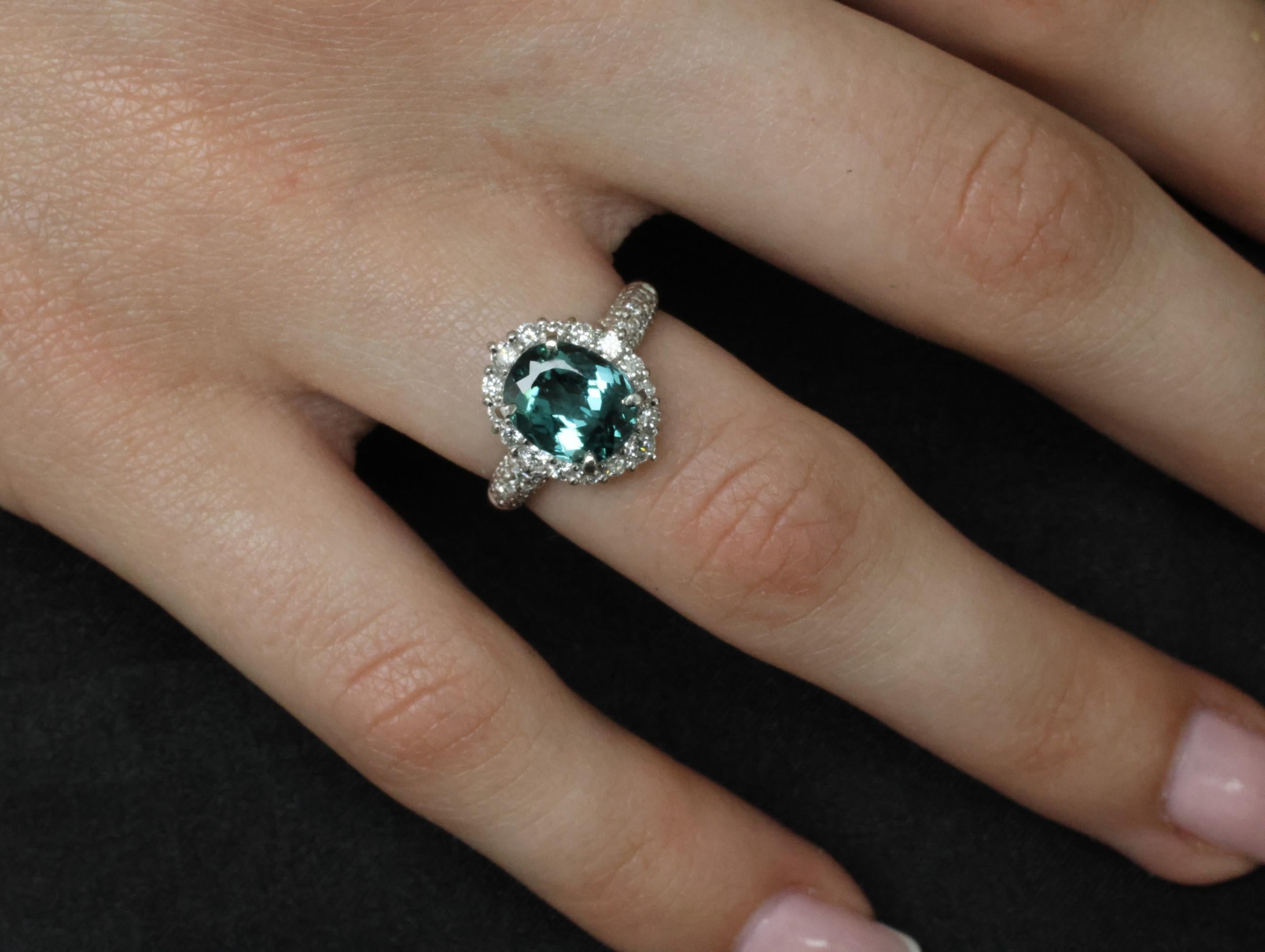 2.78ct Natural Indicolite Blue Tourmaline 0.44ct Diamond Platinum Ring Size 5.5