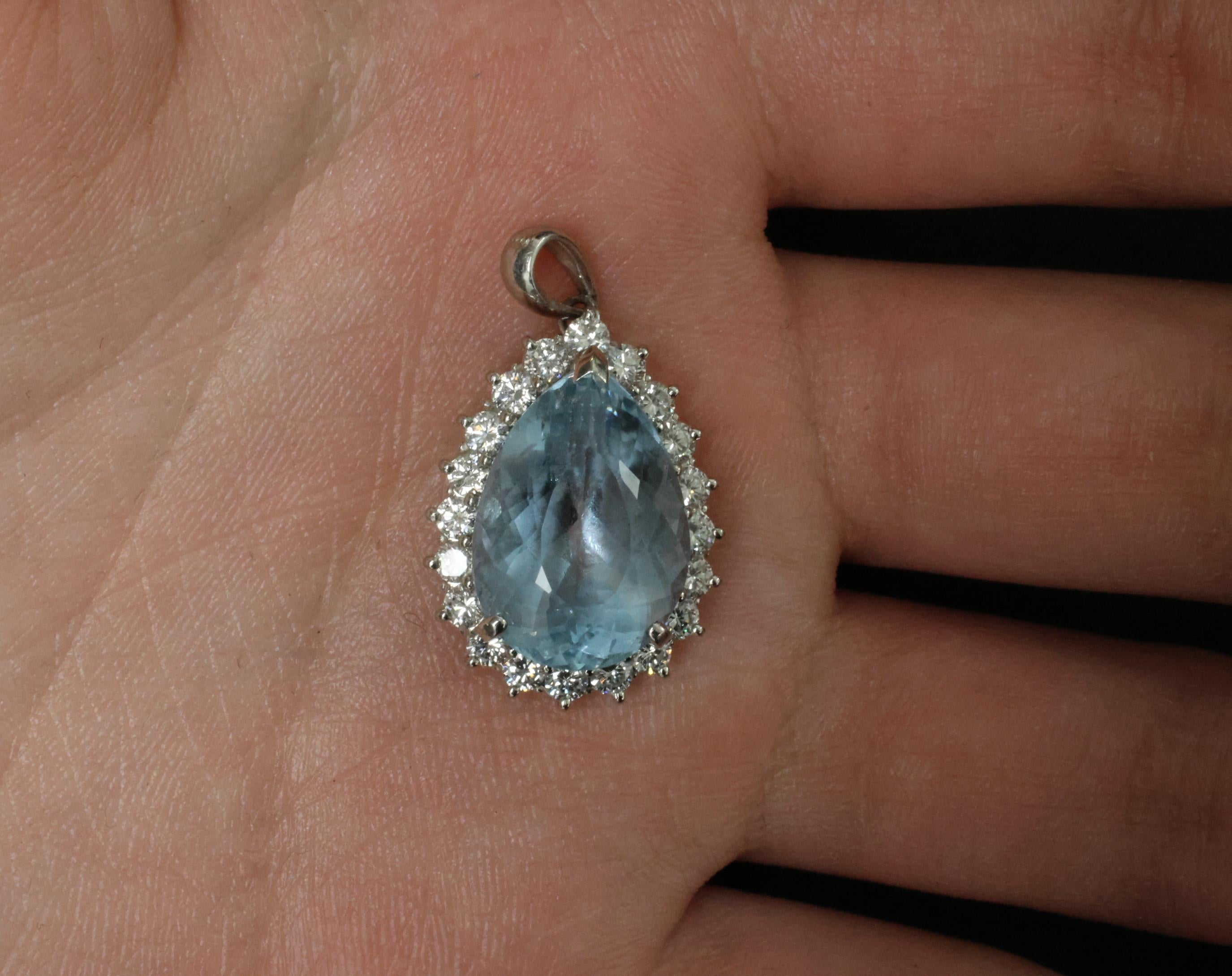 Fine 12.83ct Pear Shape Blue Topaz & 1.13ct Diamond Platinum Pendant