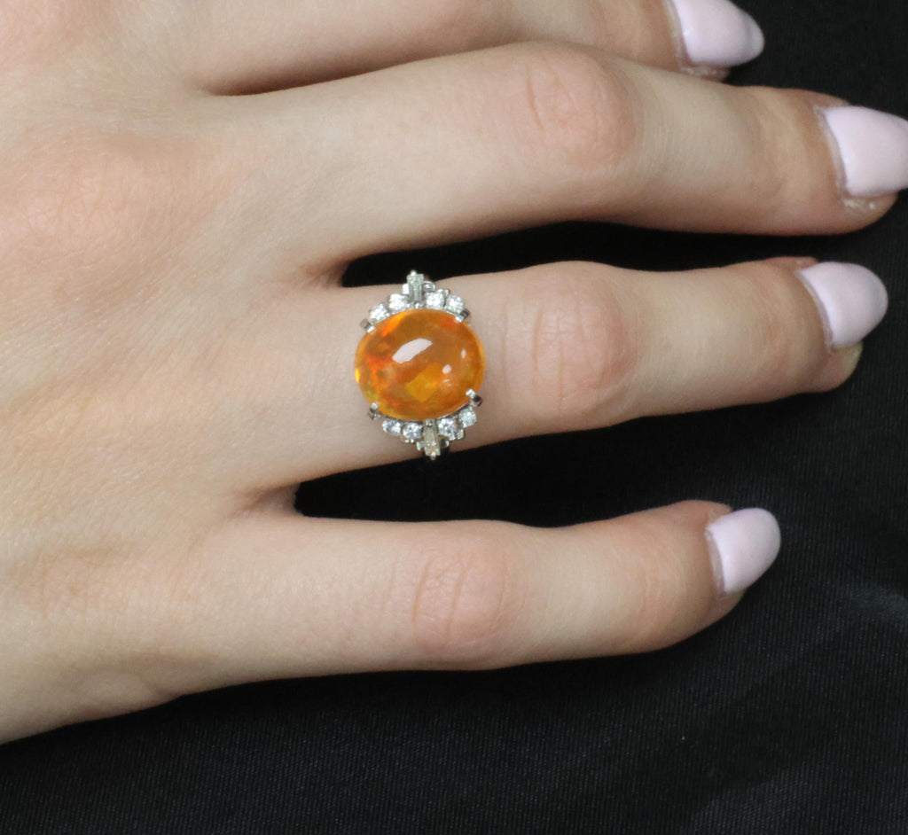 Fine 5.62ct Natural Mexican Fire Opal & 0.31ct Diamond Platinum Ring, Size 6.25