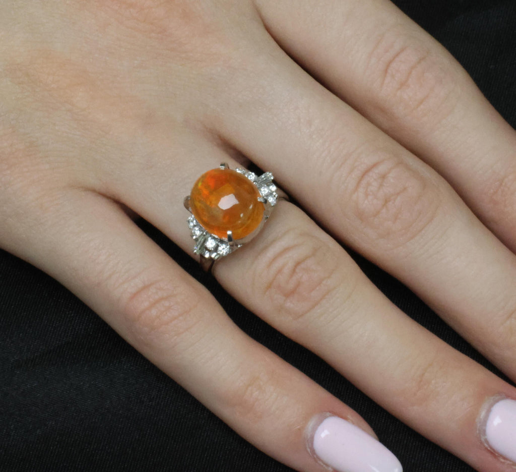Fine 5.62ct Natural Mexican Fire Opal & 0.31ct Diamond Platinum Ring, Size 6.25