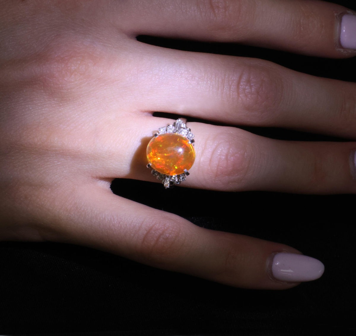 Fine 5.62ct Natural Mexican Fire Opal & 0.31ct Diamond Platinum Ring, Size 6.25