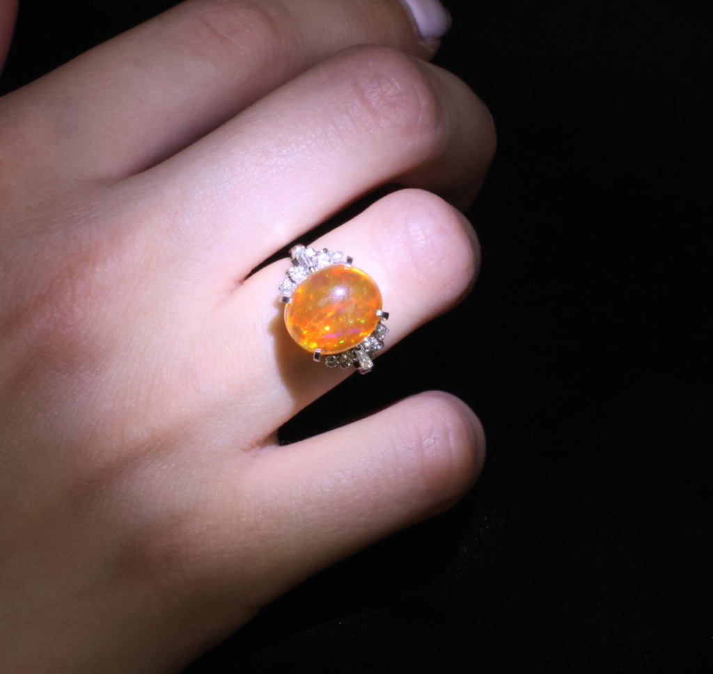 Fine 5.62ct Natural Mexican Fire Opal & 0.31ct Diamond Platinum Ring, Size 6.25