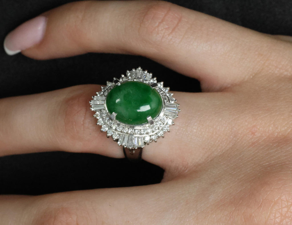 5.59ct GIA Natural Burmese Jadeite Jade 1.10ct Diamond Platinum Ring, Size 5.75